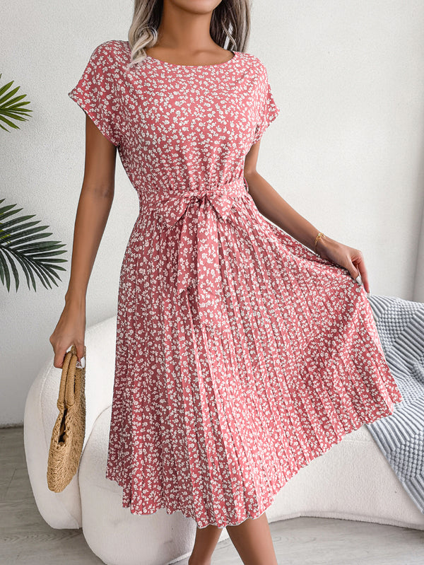 Summer floral dress for hijabi women – pink floral print with adjustable waist tie – lightweight cotton fabric – available at CATRIXA with fast EU delivery.